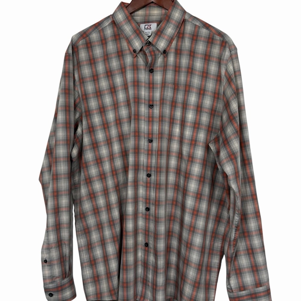 Cutter & Buck Mens XL Gray Orange Plaid Button Front Shirt Long Sleeve Cotton